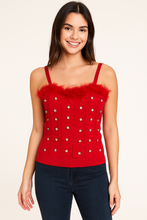 Load image into Gallery viewer, White Feather-Trim Corset-Style Knit Cami — Adjustable Straps
