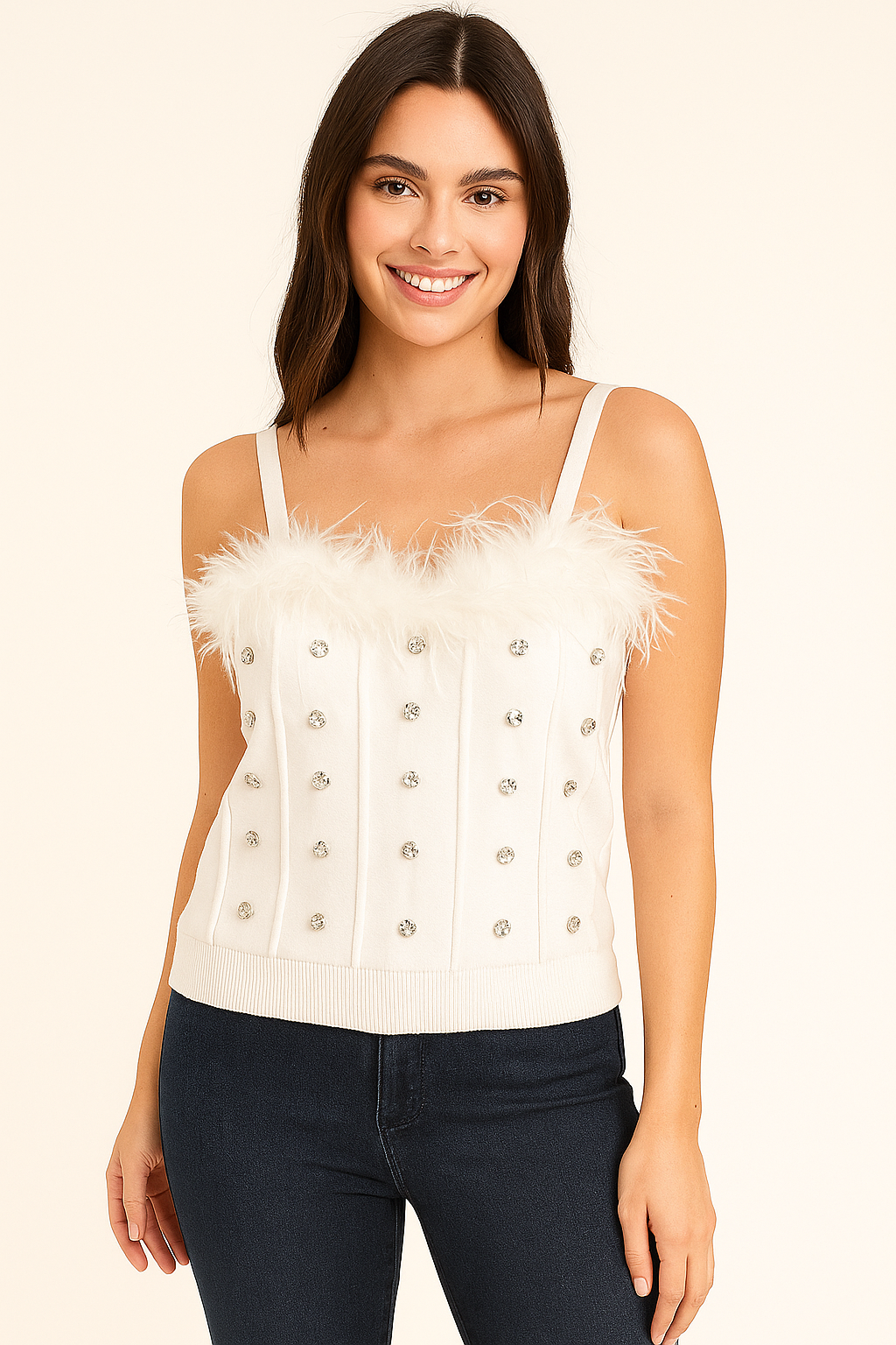 White Feather-Trim Corset-Style Knit Cami — Adjustable Straps