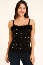 Load image into Gallery viewer, White Feather-Trim Corset-Style Knit Cami — Adjustable Straps
